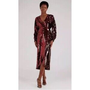 NWT $495 Ted Baker Emmalee Plunge Neck Wine Sequin Midi Crossover Dress 5 12 L